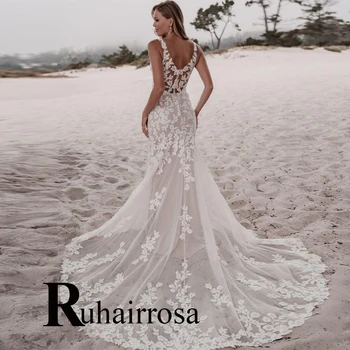 Ruhair атрактивни русалка сватбени рокли за жени апликации официални булки мъниста без ръкави персонализирани Vestido де Casamento