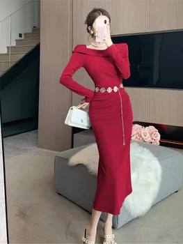 Жени нов моден дизайнер наклонена черта врата плетен пуловер рокля с колан лилаво дълъг ръкав тънък офис OL Bodycon 2024 пролет