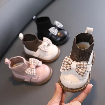 Нов 2024 Зимни детски чорап ботуши момичета лък PU кожени обувки елегантен сладък деца ежедневни обувки деца плетени къси ботуши малко дете