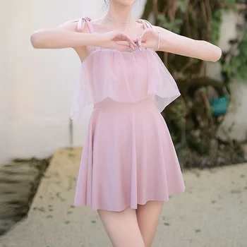 2023 Нов Сиамски консерватизъм Тънък сладък японски случайни плътен цвят момиче розов снаждане дантела с гърдите подложка младежки стил бански костюми
