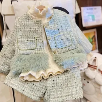 момичета 2бр плетене детски комплект зимни памук подплатени яке палто + пола рожден ден проектирани униформа есен парти туид кърпа 1-10Ys