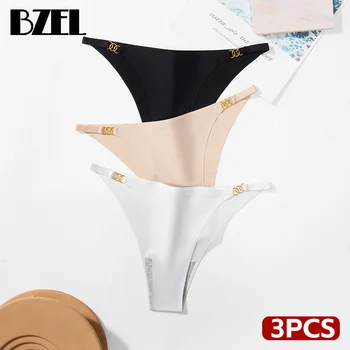 BZEL 3PCS/Set Метална катарама G String Жените секси бикини безшевни бельо приплъзване лед коприна бикини бикини женски бельо T-обратно