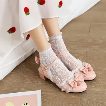 YQBTDL Лолита стил сладки сандали за момичета дете папийонка дантела блок 5 см токчета парти бял Jk принцеса обувки лято 8 12 14 16 18