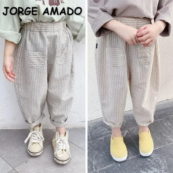 New Spring Boys Girls Casual Pants Light Gray Coffee Stripe Elastic Waist Soft Loose Harem Pant Fashion Детски дрехи E20158