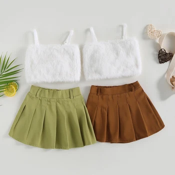 Pudcoco Kids Infant Baby Girl Summer Outfit Casual Sleeveless Plush Camisole Elastic Mini Pleated Skirt Set for Toddler 18M-6T