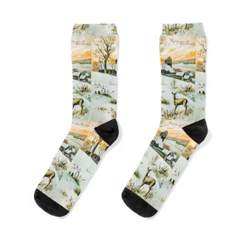 Коледна картичка, изобразяваща зимен пейзаж и еленски чорапи Термо чорапи мъж зимен хип-хоп kawaii чорапи Мъжки чорапи Дамски