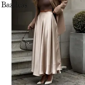 2023 дамска мода A-line Макси дълга пола каки зимен сатен елегантен Faldas офис дама traf магазин