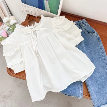 deer jonmi 2022 Летни бебешки момичета принцеса блузи бутер ръкав бели върхове корейски стил деца шик ризи