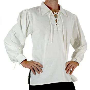 Реколта мъжки средновековна блуза памук бельо риза върховете дълъг ръкав тениска пролет есента наклонена фуста реколта йога ризи