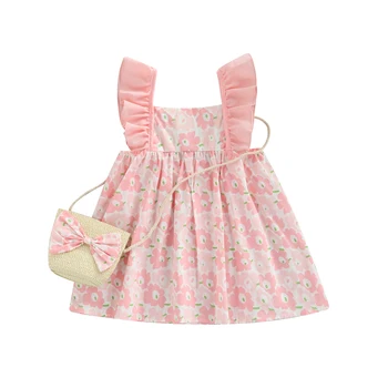 Детска бебе момичета лятна рокля с прашка чанта, цветя Ruffle без ръкави квадратна врата рокля + Big Bow слама прашка чанта 6M-3T
