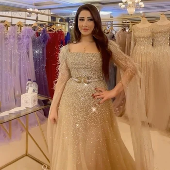 Serene Hill Арабско злато Линия Секси пера Нос ръкави Beaded луксозни вечерни рокли за жени парти 2023 BLA71782