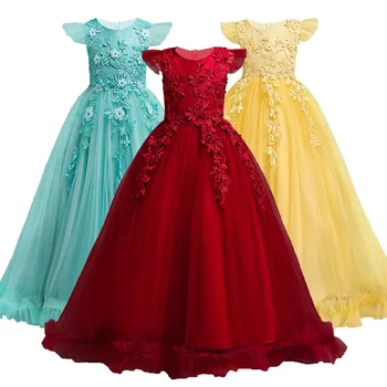 4-15Yrs дантела тийнейджъри деца момичета сватба дълга рокля елегантен принцеса парти конкурс Коледа официален ръкав бебе момичета рокля