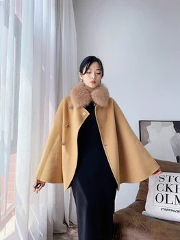 2023 Есен Зима Нов сладък стил чиста вълна вълнена средна дължина Дръжте топла лисица кожа яка Cheongsam рокля пончо