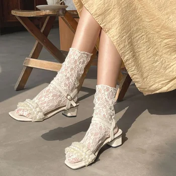 Дамски чорапи ретро дантела флорални окото Лолита сладък чорапи тънък средата тръба прозрачни чорапи момиче сладък дишаща дизайнер чорапи