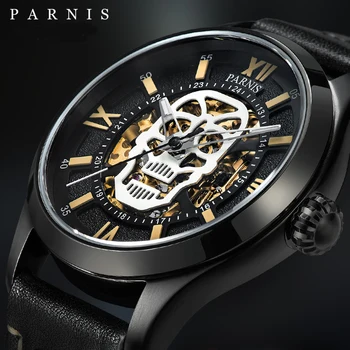 Parnis 43mm черен череп светлинен скелет Автоматичен механичен мъжки часовник кожена каишка сапфир стъклени часовници с кутия подарък 2023