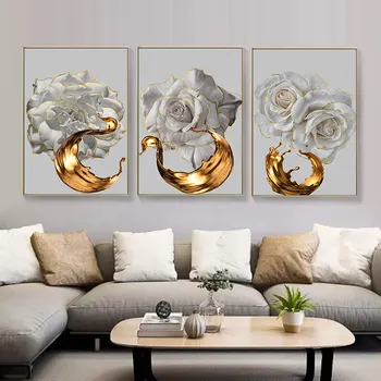 Бяла роза цвете златно мастило коприна абстрактен печат плакат скандинавско изкуство платно живопис стена картини за хол декор без рамка