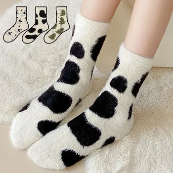 1 чифт дамски зимни чорапи мляко петнист плюшени удебелени меки сладки момичета размити чорап удобни топли прекрасни екипажа модел Sox