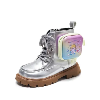 Детски ботуши английски стил момичета ботуши мода с малка чанта единични ботуши водоустойчиви детски обувки момичета принцеса къси ботуши