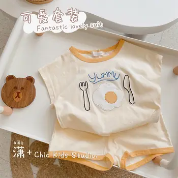 Ins ~ Костюм за яйца на очи Момчета и момичета 2023 Летен корейски комплект Бебешки тънък висококачествен памучен анимационен жилетка от две части
