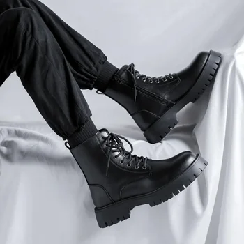мъжки ботуши луксозна мода черен прилив оригинални кожени обувки висок връх мотоциклет обувка пролет есен каубой платформа дълго botas