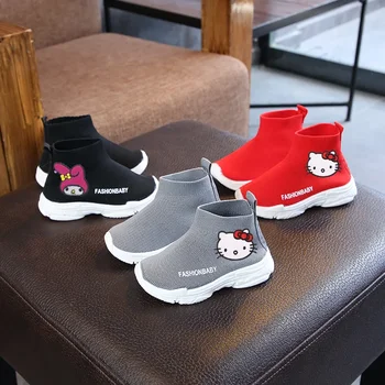 Sanrio Hello Kitty ежедневни обувки есенни детски чорапи обувки момчета и момичета летящи тъкани мрежести маратонки високи еластични обувки