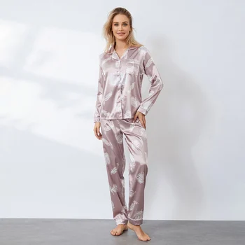 Паун печат дълъг ръкав бутон риза и еластични панталони жени пролет есен сатен 2 парчета пижама комплект за шезлонги спално облекло