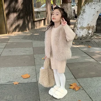 Момиче жилетка нова есен зима корейски моден стил кожена жилетка бебе момиче замърсени топли деца жилетка деца връхни дрехи палта