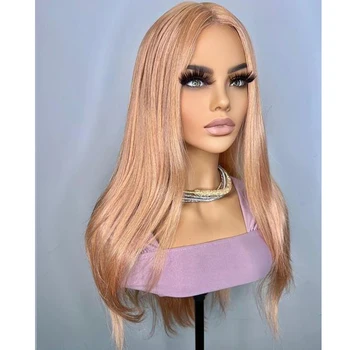 Rose Pink Long Wavy Glueless Synthetic Lace Front Hair Wigs for White Women Natural Hairline Transparent Lace Front Wigs Daily