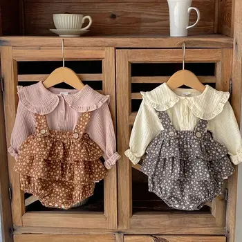 2023 Пролет сладък новородено бебе облекло костюм двойно къдри флорални поли блумери + венчелистче яка блуза 2бр малко дете момичета дрехи