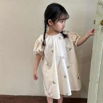 Рокля за момичета Лятна бродирана заешка детска рокля Мода Рокля на принцеса с къс ръкав