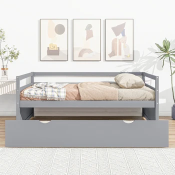 Twin Size Wood Daybed with Twin Size Trundle, No Need Box Spring, Здрава конструкция, Елегантна, Уютна, Универсална, Сива