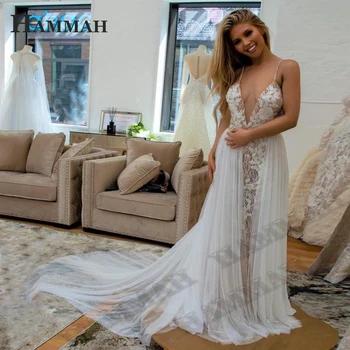HAMMAH Бляскава линия сватбена рокля за булката дълбоко V врата подвижен влак без ръкави апликации Backless спагети каишка
