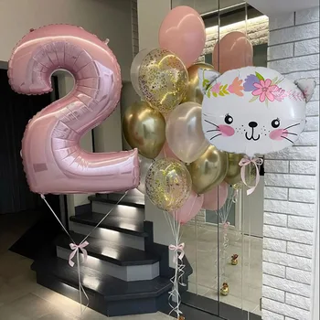 15pcs Сладък котка главата фолио балони блясък злато конфети латекс балон момичета рожден ден декор бебе душ 40inch брой топки