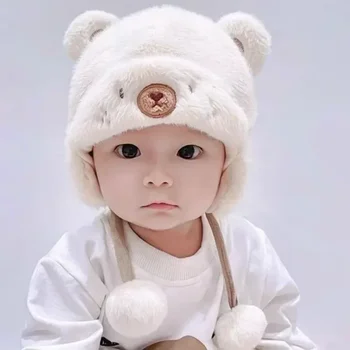 Бебешка сладка мечка шапка с наушница зимна топла агнешка вълна бебе шапка шапка плътен цвят карикатура уши малко дете ухо защита капачки