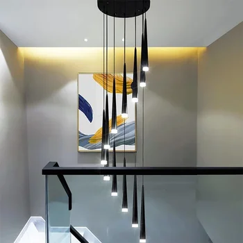 Модерен светодиоден стълбищен полилей черен прост дълъг вътрешен осветител Начало декор висулка висящи лампи за таван блясък