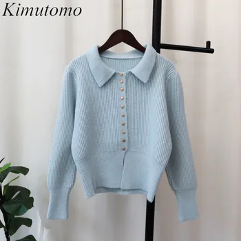 Kimutomo Нежен твърд хлабав прост пуловер жена елегантен ревера една гърда сплит дизайн дълги ръкави гъвкав плета жилетка