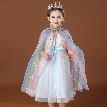 Лято момиче принцеса парти аксесоари наметало сняг кралица Елза Анна костюм нос Рапунцел Аврора пайети тюл Хелоуин мантия