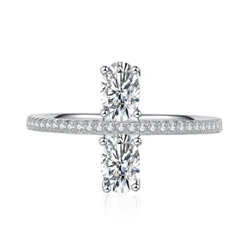 S925 Сребърен двоен основен диамант 4 * 6 мм овална форма с четири нокти симулирани диамантени пръстени бижута серебро 925 настоящее кольцо