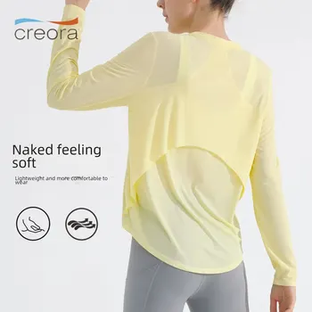 Дълъг ръкав спортен сутиен жени голи обратно фитнес дрехи бързо суха дишаща хлабав бягане слънцезащита йога покритие риза