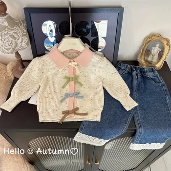 Момиче пуловер 2023 ново момиче лък пуловер жилетка момиче бебе чуждестранен стил трикотажно палто отгоре пролет и есен и зима отгоре