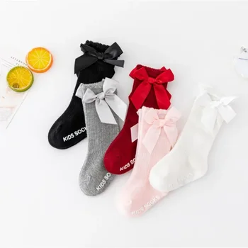 Girl's Red Bow Tie Knee High Tube Socks Christmas Stockings Infants Toddlers Soft Cotton Children Non Slip Floor Socks Baby Gift