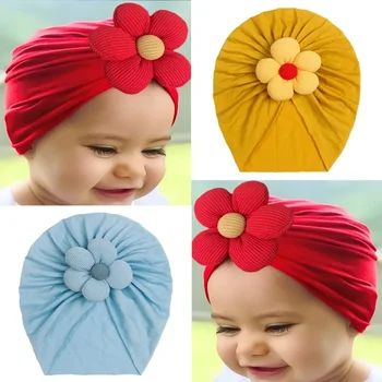 Нова есен и зима детски плътен цвят имитация памучна шапка бебе цвете дишаща пуловер шапка детска шапка