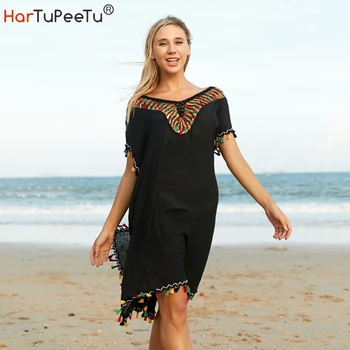 Плетене на една кука Плажно покритие Ups Дамска лятна рокля 2023 Бяла черна пачуърк Цветна V Neck Loose Split Fringed Vestido Mujer