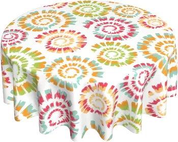 Rainbow Tie Dye Floral Tablecloth Round 60 инчов открит пикник за маса без бръчки Декоративно покритие за маса за трапезария