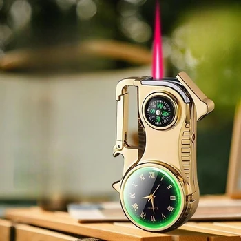 Нов външен компас ключодържател надуваема ветроупорна запалка многофункционален часовник отварачка за бутилки червен пламък бутан газ запалки инструмент