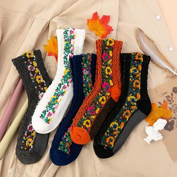 5 чифта Дамски етнически бродирани Mid Tube екипаж чорапи флорални бродирани естетически чорапи ретро бохо национални памучни чорапи