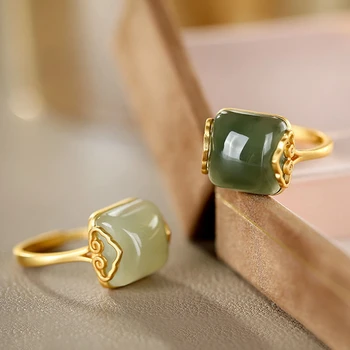 Реколта златен цвят зелен имитация нефрит благоприятен облак жените пръстен оригинален дизайн прост камък отворени пръстени подарък
