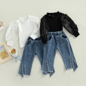 Fall Детски момичета дрехи комплекти бебе дантела отвесни бутер дълъг ръкав оребрени върхове перла сплит панталони дънки детски екипировки 1-6Y