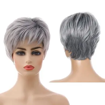 Цветна перука Естествена сребърна сива Цвят Пухкави реалистични модерни синтетични перуки Високотемпературна коприна къса коса Дамска перука за дама