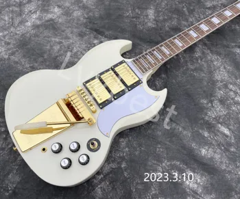 Електрическа китара твърда бяла завършена златна HHH пикапи с дълга опашка Палисандрово дърво Fingerboard безплатна доставка